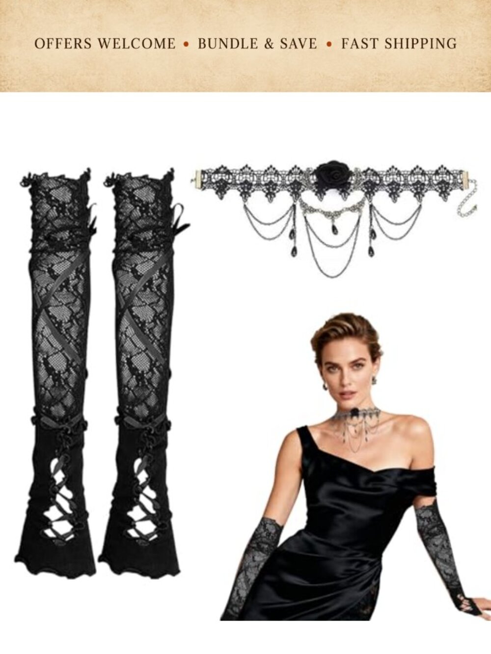 Gothic Black Rose Necklace & Lace Sleeves Set Victorian Lace Accessories for